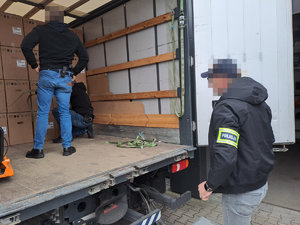 Kartony z ekspresami w przestrzeni ładunkowej samochodu ciężarowego. Dwaj policjanci przeprowadzają ich oględziny, przy samochodzie ciężarowym stoi trzeci policjant, patrząc na nich.