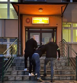 Dwaj policjanci prowadzą zatrzymanego po schodach do budynku komisariatu.