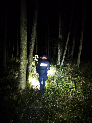 Policjanci podczas nocnych poszukiwań w lesie zaginionego grzybiarza.