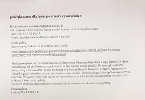 Zdjęcie e-maila z podziękowaniami dla policjantów.