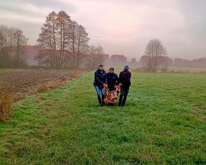 policjanci niosą kobietę.