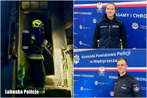 Kolaż trzech zdjęć przedstawia strażaka gaszącego pożar oraz policjanta i policjantkę.