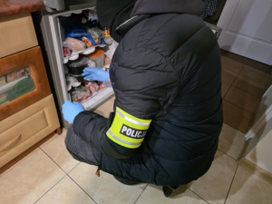 Policjant przeszukuje lodówkę.