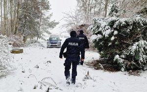 policjanci zimą patrolują las.