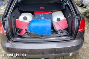 Baniaki na paliwo w bagażniku auta.