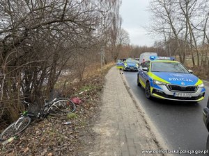 w rowie leży rower. tuż obok drogi, na której stoi radiowóz.