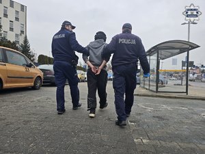 Dwaj policjanci prowadzą zatrzymanego.