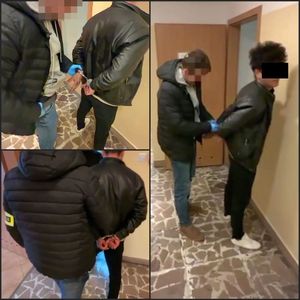 kolaż 3 zdjęć policjanta z zatrzymanym.