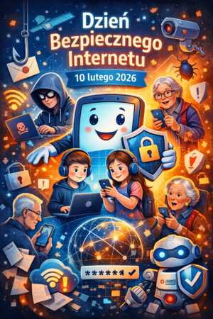 grafika kolorowa z różnymi postaciami i napis Dzień Bezpiecznego Internetu.