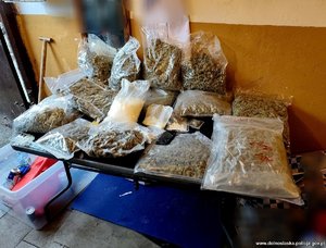 narkotyki w woreczkach plastikowych, rozłożone na blacie.