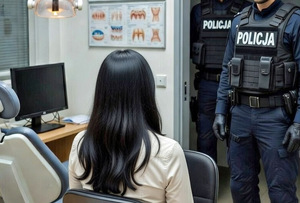 Kobieta siedzi w gabinecie stomatologicznym. Jest przesłuchiwana przez policjantów.