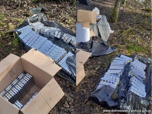 na podłodze rozłożone są kartony i worki z nielegalnym tytoniem, papierosami i odzieżą.
