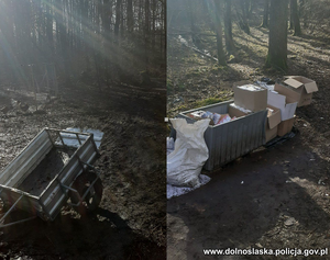 na podłodze rozłożone są kartony i worki z nielegalnym tytoniem, papierosami i odzieżą.