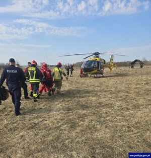 Ratownicy i strażacy niosą na noszach mężczyznę w kierunku śmigłowca LPR, za nimi idzie policjant.
