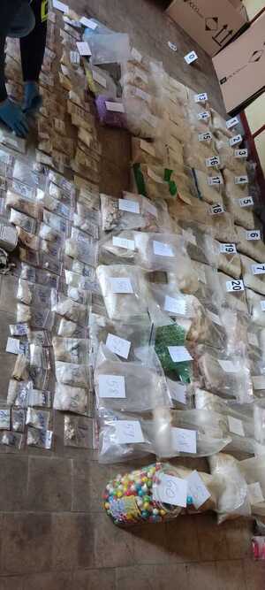 narkotyki porozkładane w woreczkach, leżą na biuru w kartonach.