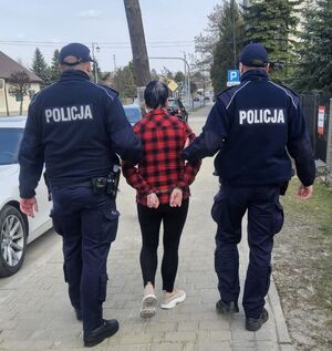 Dwaj policjanci prowadzą zatrzymaną..