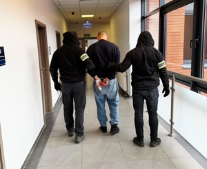 Zatrzymany prowadzony przez dwóch policjantów - widok z tyłu.