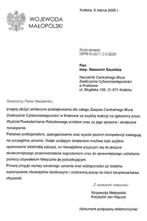 Zdjęcie podziękowań od wojewody Małopolskiego.