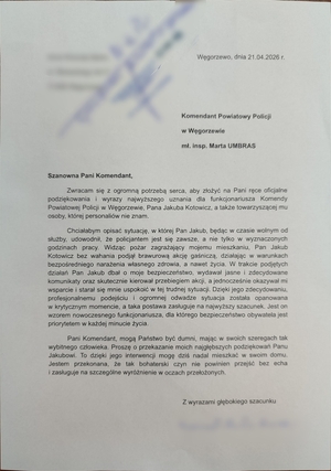 Zdjęcie listu z podziękowaniami.