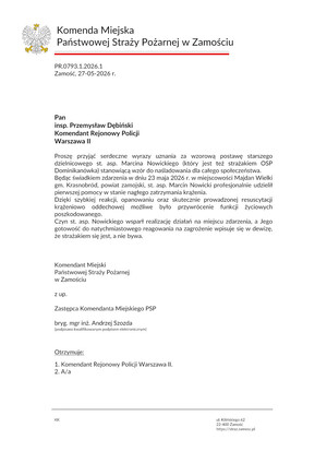 Oficjalne pismo z podziękowaniami od Komendanta Miejskiego Państwowej Straży Pożarnej w Zamościu skierowane do Komendanta Rejonowego Policji Warszawa II insp. Przemysława Dębińskiego.