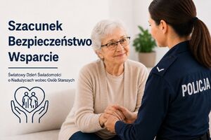 Po lewej stronie widać napis: szacunek, bezpieczeństwo, wsparcie. Światowy Dzień Świadomości o Nadużyciach wobec Osób Starszych. Z prawej strony widać starszą panią, która patrzy na siedzącą przed nią policjantkę. Funkcjonariuszka trzyma jej dłonie w swoich.