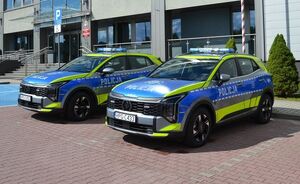 Dwa radiowozy zaparkowane przed jednostką Policji.