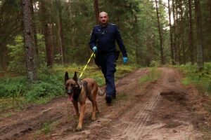 policjant idzie przez las z psem.