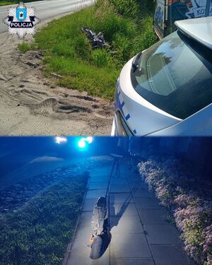 Kolaż dwóch zdjęć. Na zdjęciu u góry widać motocykl w rowie, na zdjęciu poniżej hulajnoga elektryczna stoi na chodniku.