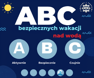 Grafika z napisem: ABC Bezpiecznych Wakacji nad wodą - Aktywnie, Bezpiecznie, Czujnie.