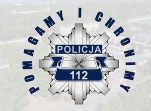 Policyjna odznaka i napis wokół: Pomagamy i chronimy.