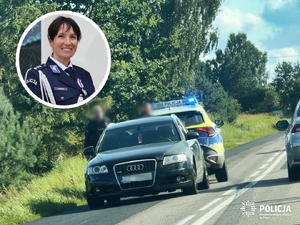 samochód, za nim radiowóz, z boku wstawione dodatkowe zdjęcie z twarzą policjantki.