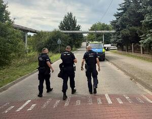 Trzej policjanci idą w kierunku radiowozu.