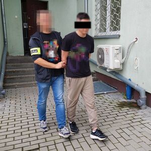Funkcjonariusz prowadzi zatrzymanego mężczyznę zakutego w kajdanki. W tle budynek, z którego wyszli.