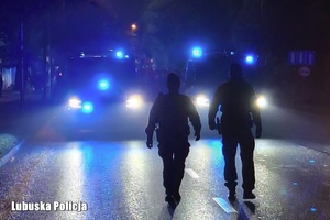 Pora nocna. Dwaj policjanci idący ulicą. W tle radiowóz policyjny z włączonymi sygnałami świetlnymi.