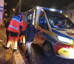 Policjantka i ratownicy medyczni obok karetki pogotowia.