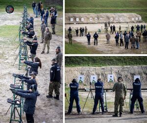 Kolaż trzech zdjęć. Uczestnicy zawodów strzeleckich w czasie trwania konkurencji celują do tarcz.
