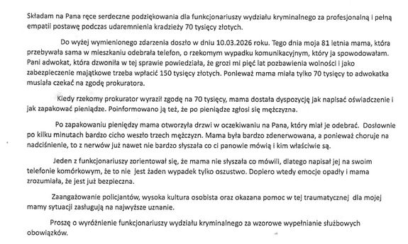 Czujność, empatia i skuteczność – podziękowanie dla policjantów za udaremnienie oszustwa na kwotę 70 tys. zł