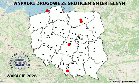 Policyjna mapa wypadków drogowych ze skutkiem śmiertelnym – Wakacje 2026