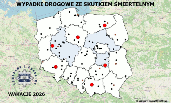 Policyjna mapa wypadków drogowych ze skutkiem śmiertelnym – Wakacje 2026