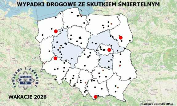 Policyjna mapa wypadków drogowych ze skutkiem śmiertelnym – Wakacje 2026