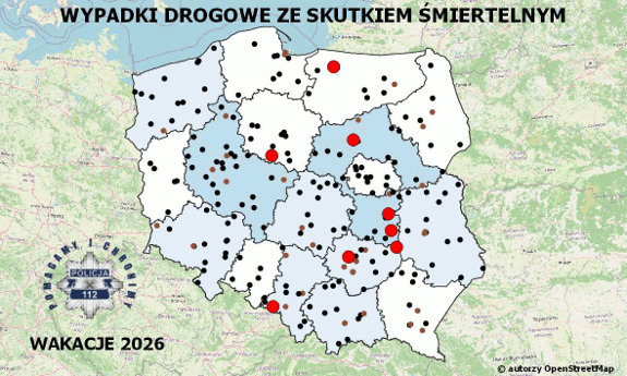 Policyjna mapa wypadków drogowych ze skutkiem śmiertelnym – Wakacje 2026