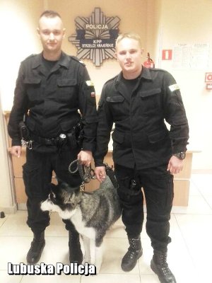 Policjanci z uratowanym przez nich psem.