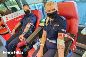 policjant i policjantka oddają krew