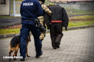 przewodnik policyjny wraz z psem prowadzą zatrzymanego