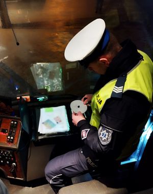 Policjant sprawdza czas pracy kierowcy autokaru