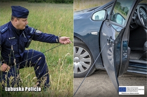 policjant otwiera drzwi auta przy pomocy linki