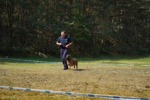 Policjant biegnacy z psem.