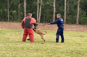 Policjant z psem służbowym w trakcie zmagań konkursowych.