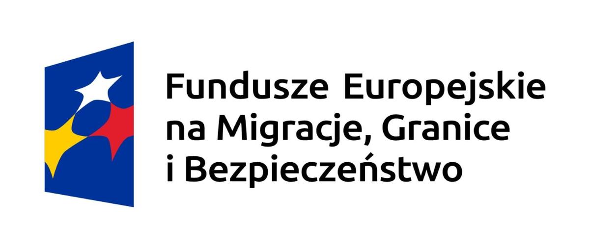 Obrazek przedstawia logo Funduszy Europejskich na Migracje, Granice i Bezpieczeństwo: z lewej strony obrazka znajduje się stojący pionowo trapez w granatowym kolorze, w którym umieszczono trzy gwiazdy tworzące trójkąt - w dolnym rzędzie znajduje się gwiazda żółta i czerwona, w górnym - biała