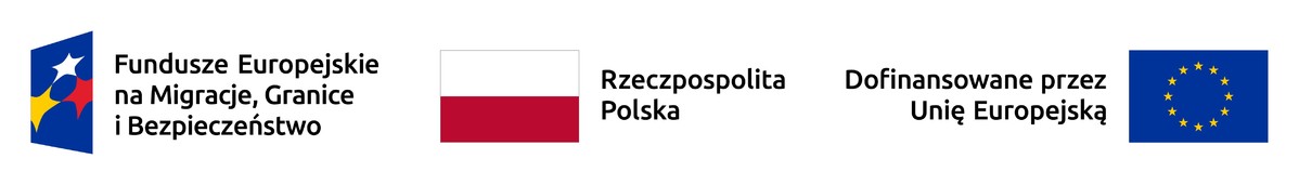 Zdjęcie przedstawia logo Funduszu Bezpieczeństwa Wewnętrznego: odwrócony do pionu ciemnoniebieski trapez, w który wpisane zostały układające się w trójką trzy gwiazdy (żółta, biała i czerwona). Obok logotypu umieszczony został napis w trzech wersach: Fundusz Europejskie na Migracje, Granice i Bezpieczeńśtwo.  obok znajduje się flaga Rzeczpospolitej Polski oraz napis w dwóch wersach: "Rzeczpospolita Polska"  Obok znajduje się napis w dwóch wersach: "Dofinansowane przez Unię Europejską", obok którego znajduje się flaga Unii Europejskiej. 
